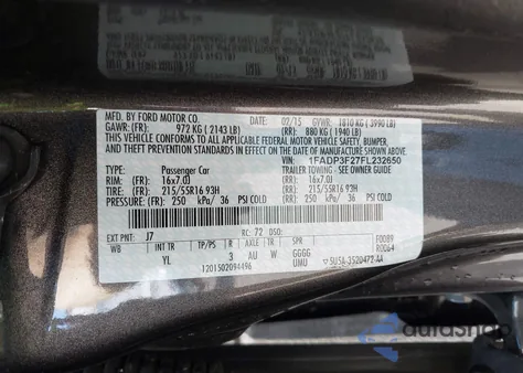 2015 Ford Focus Se из США, поврежденный, VIN 1FADP3F27FL232650